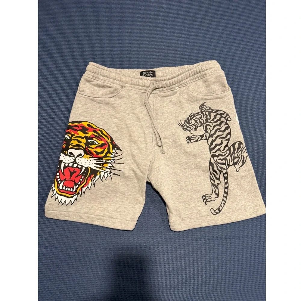 Ed Hardy Mens Tiger Graphic Fleece Sweat Shorts Gray Y2K Streetwear Size M